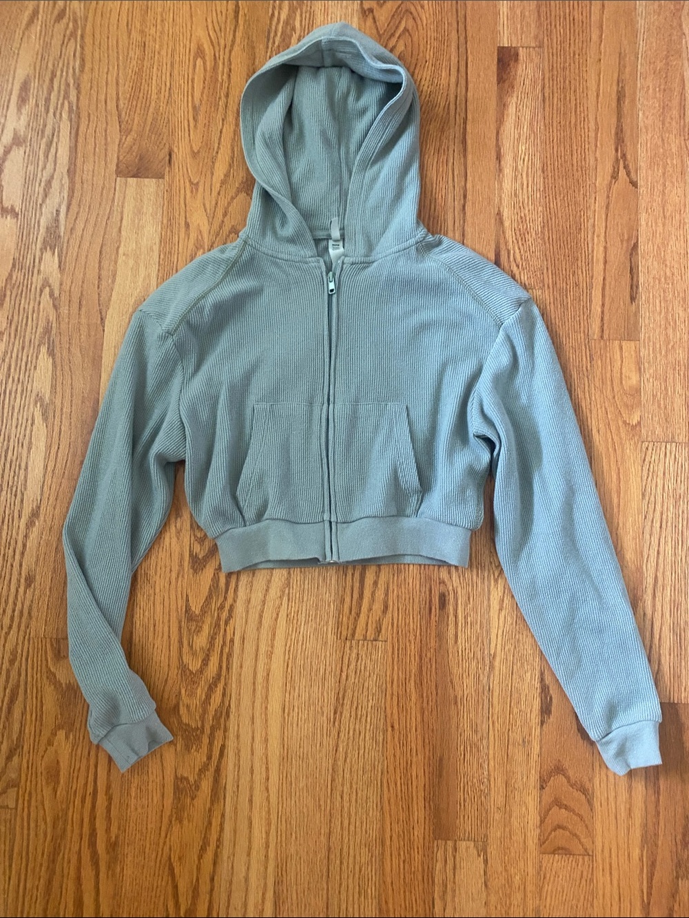 SKIMS Sage Green Cropped Waffle-Knit Zip Hoodie